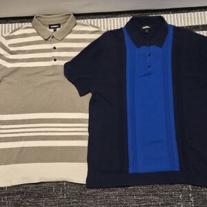Express Beige and Navy Striped Polo Shirts Lot Of 2